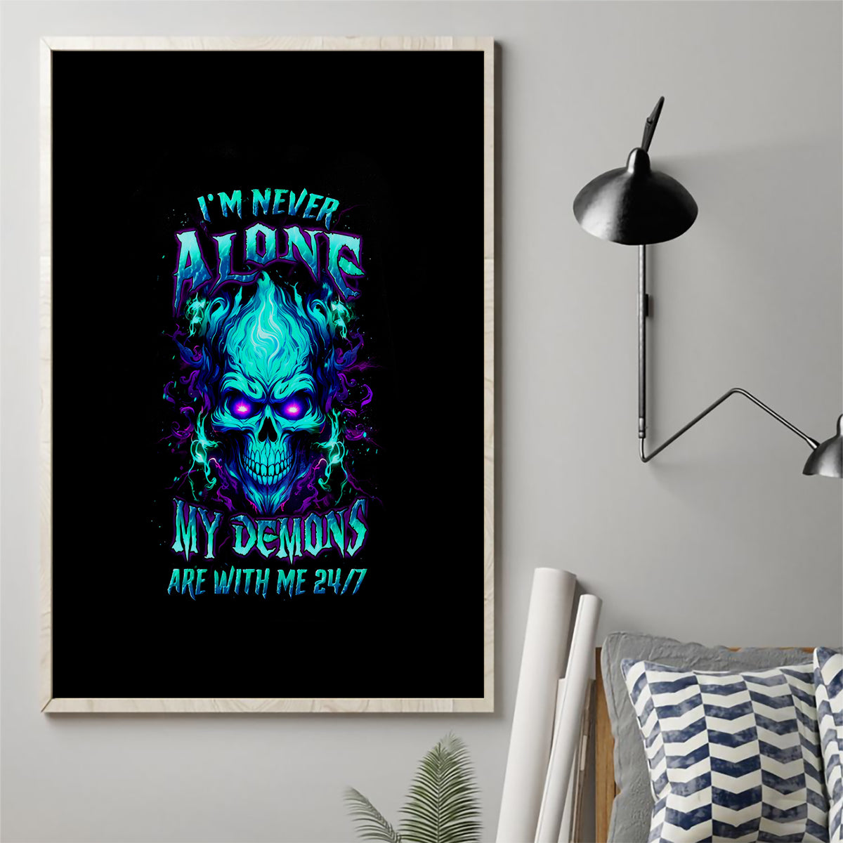 Flame Skull Canvas Wall Art I'm Never Alone My Demons With Me 24/7 - Wonder Print Shop