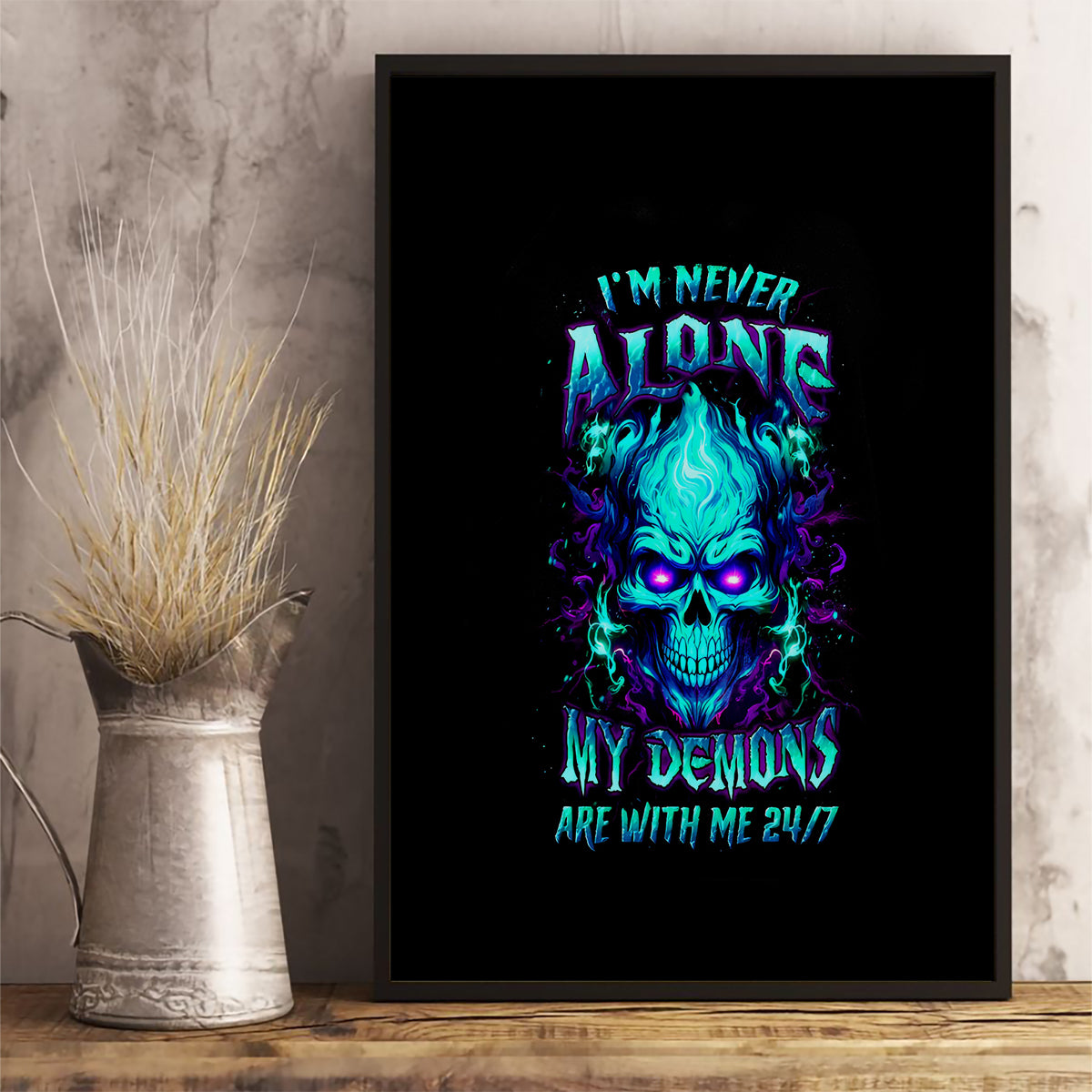 Flame Skull Canvas Wall Art I'm Never Alone My Demons With Me 24/7 - Wonder Print Shop