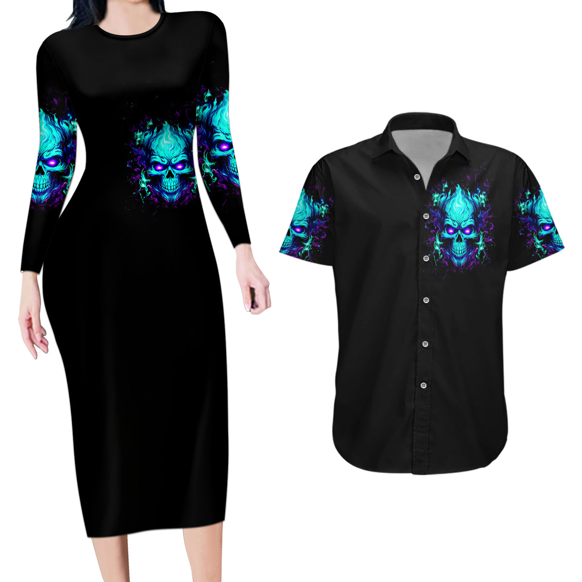 Flame Skull Couples Matching Long Sleeve Bodycon Dress and Hawaiian Shirt I'm Never Alone My Demons With Me 24/7 - Wonder Print Shop