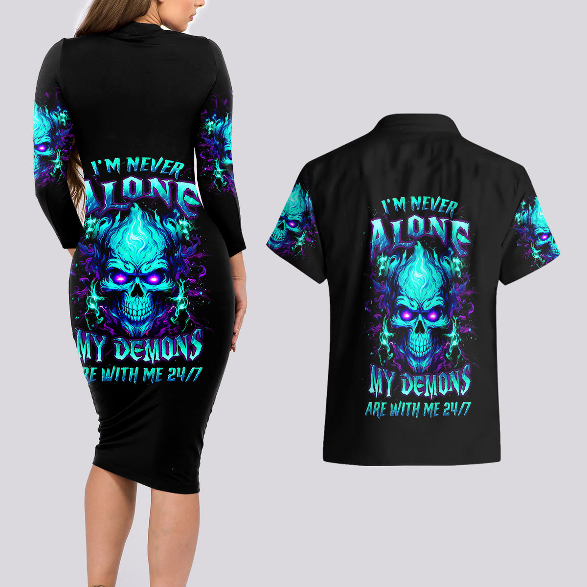 Flame Skull Couples Matching Long Sleeve Bodycon Dress and Hawaiian Shirt I'm Never Alone My Demons With Me 24/7 - Wonder Print Shop