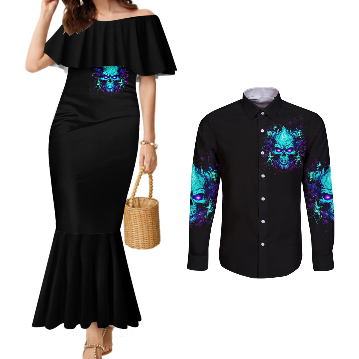flame-skull-couples-matching-mermaid-dress-and-long-sleeve-button-shirts-im-never-alone-my-demons-with-me-247