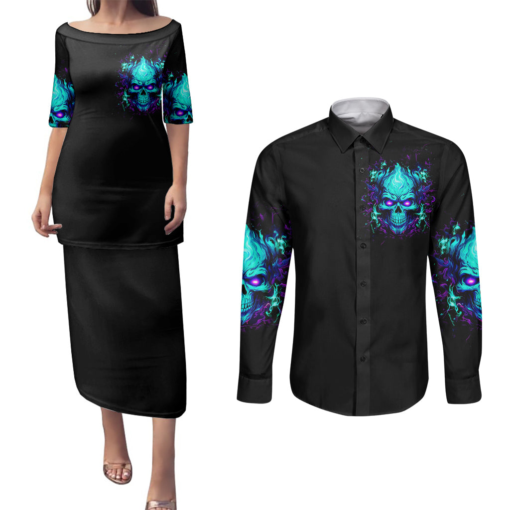 Flame Skull Couples Matching Puletasi Dress and Long Sleeve Button Shirts I'm Never Alone My Demons With Me 24/7 - Wonder Print Shop