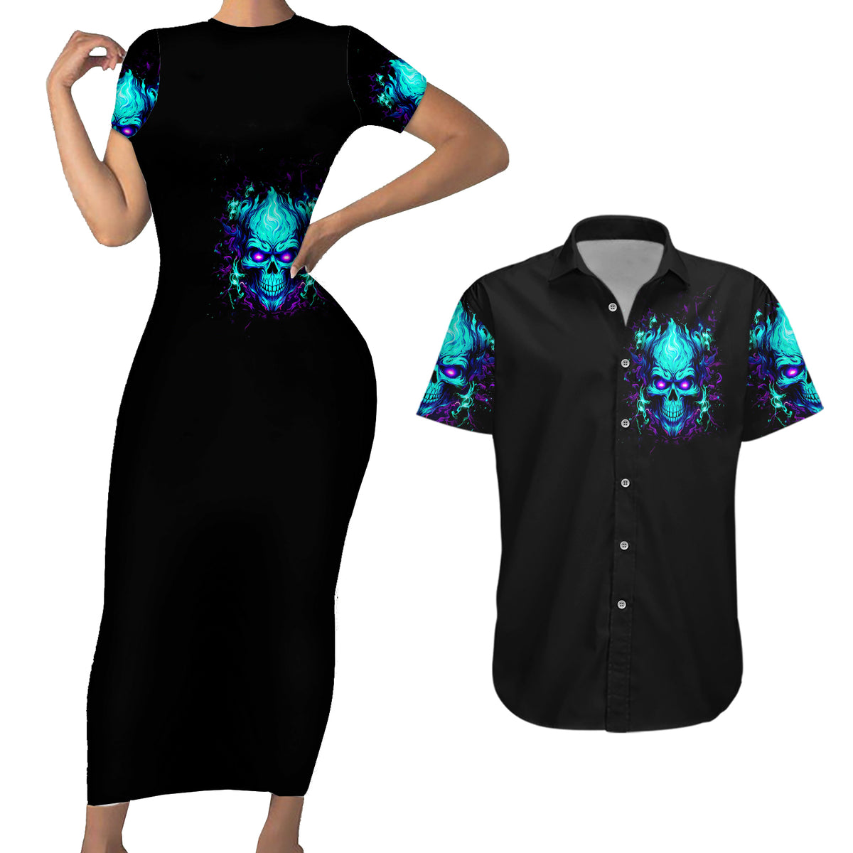 Flame Skull Couples Matching Short Sleeve Bodycon Dress and Hawaiian Shirt I'm Never Alone My Demons With Me 24/7 - Wonder Print Shop