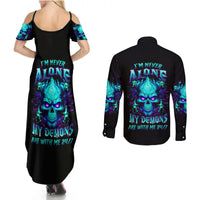 Flame Skull Couples Matching Summer Maxi Dress and Long Sleeve Button Shirts I'm Never Alone My Demons With Me 24/7 - Wonder Print Shop
