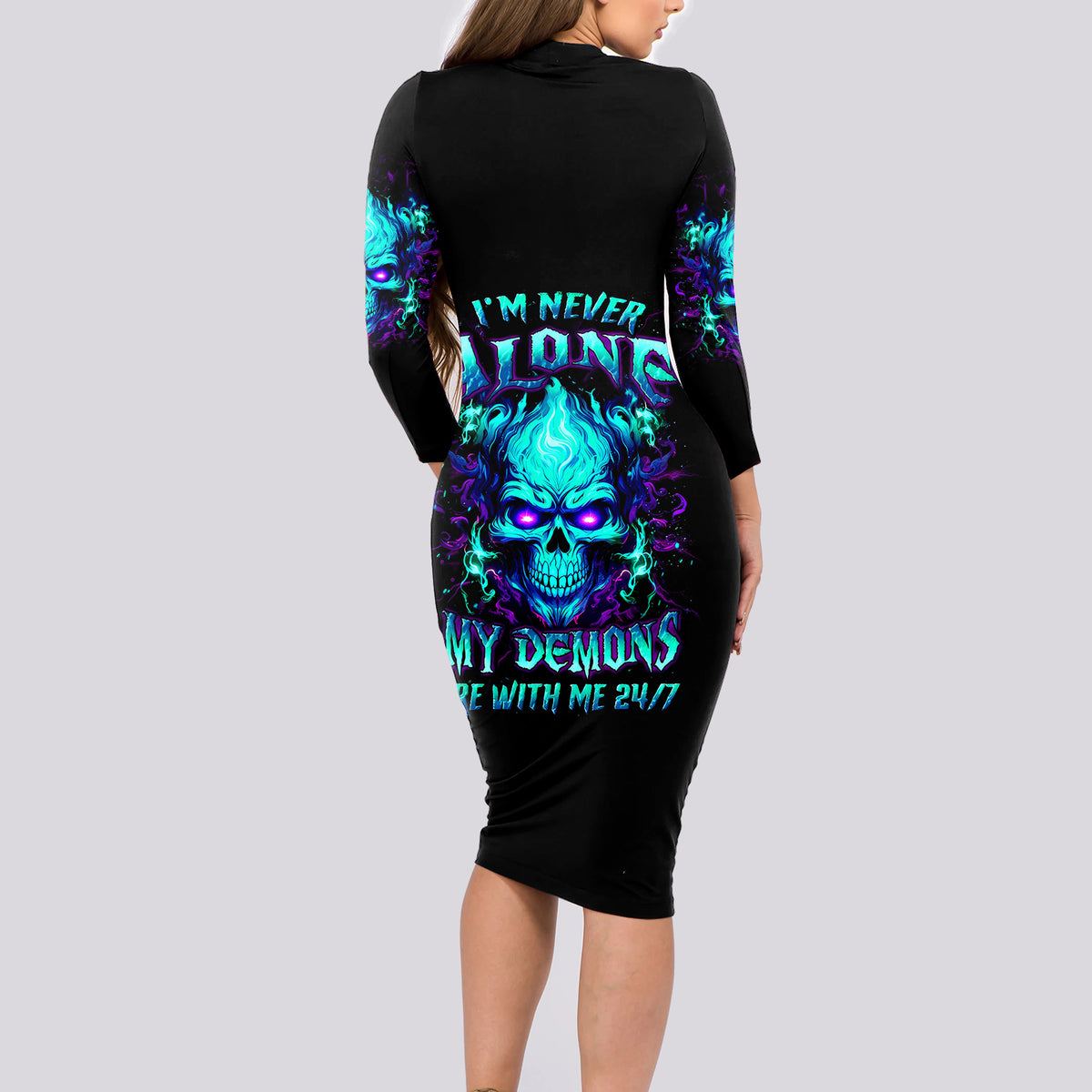 Flame Skull Long Sleeve Bodycon Dress I'm Never Alone My Demons With Me 24/7 - Wonder Print Shop
