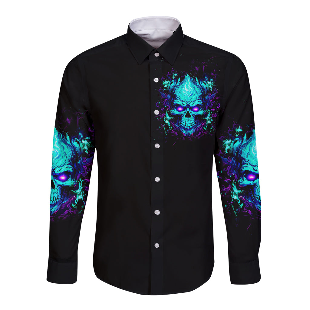 Flame Skull Long Sleeve Button Shirt I'm Never Alone My Demons With Me 24/7 - Wonder Print Shop