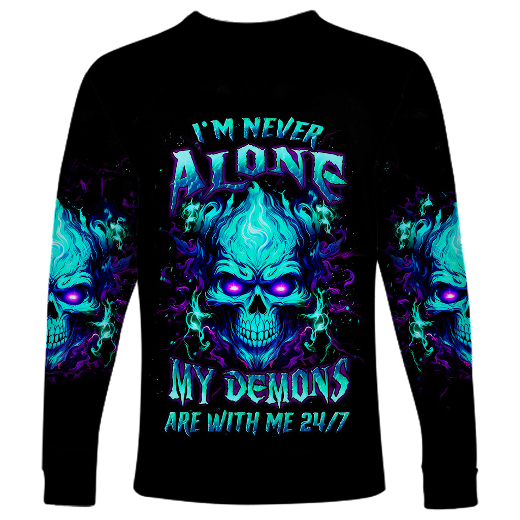 Flame Skull Long Sleeve Shirt I'm Never Alone My Demons With Me 24/7 - Wonder Print Shop
