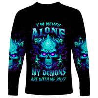 Flame Skull Long Sleeve Shirt I'm Never Alone My Demons With Me 24/7 - Wonder Print Shop