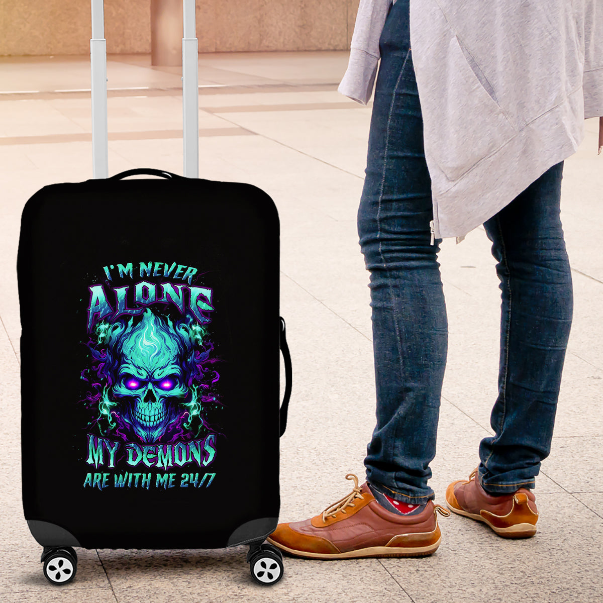 Flame Skull Luggage Cover I'm Never Alone My Demons With Me 24/7 - Wonder Print Shop