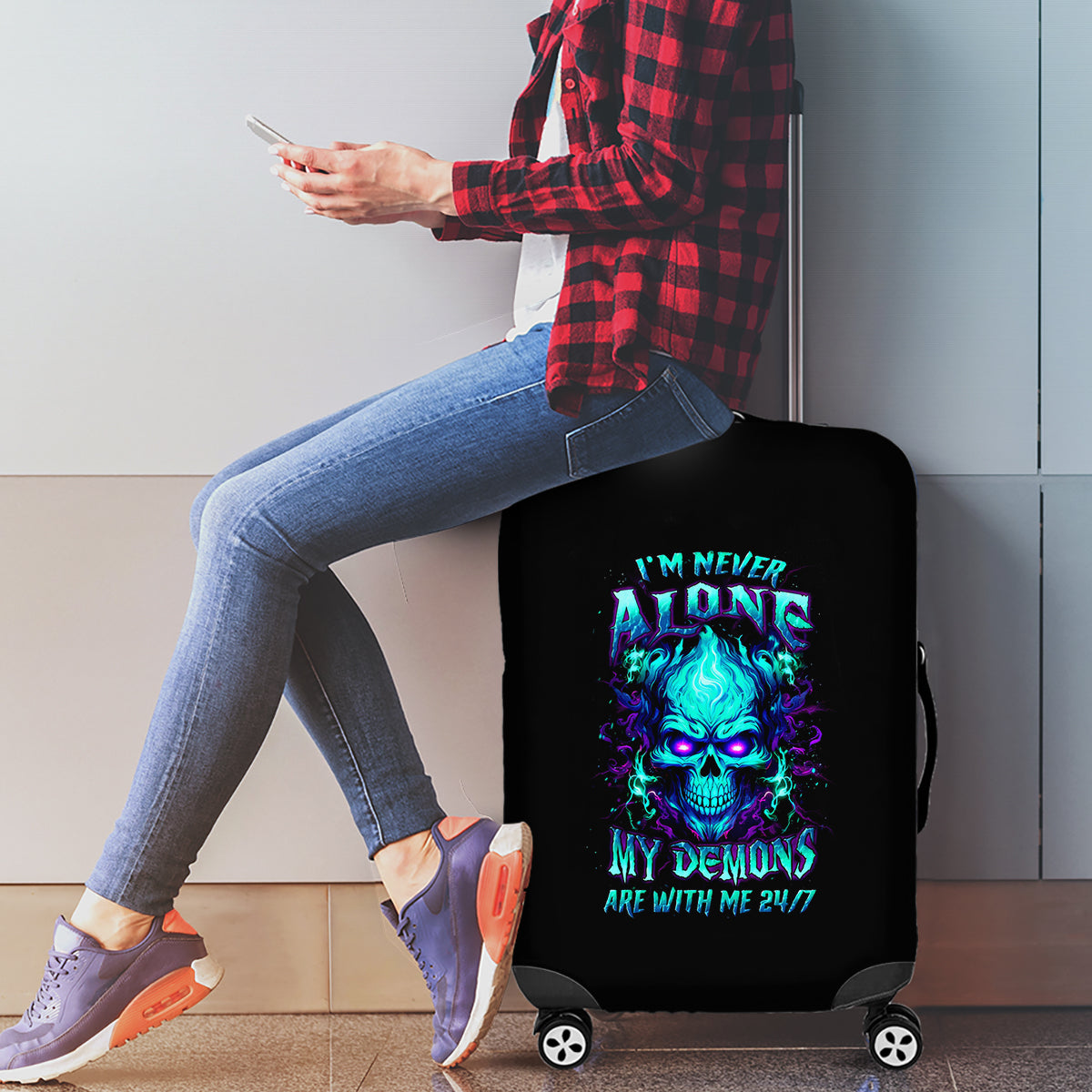 Flame Skull Luggage Cover I'm Never Alone My Demons With Me 24/7 - Wonder Print Shop