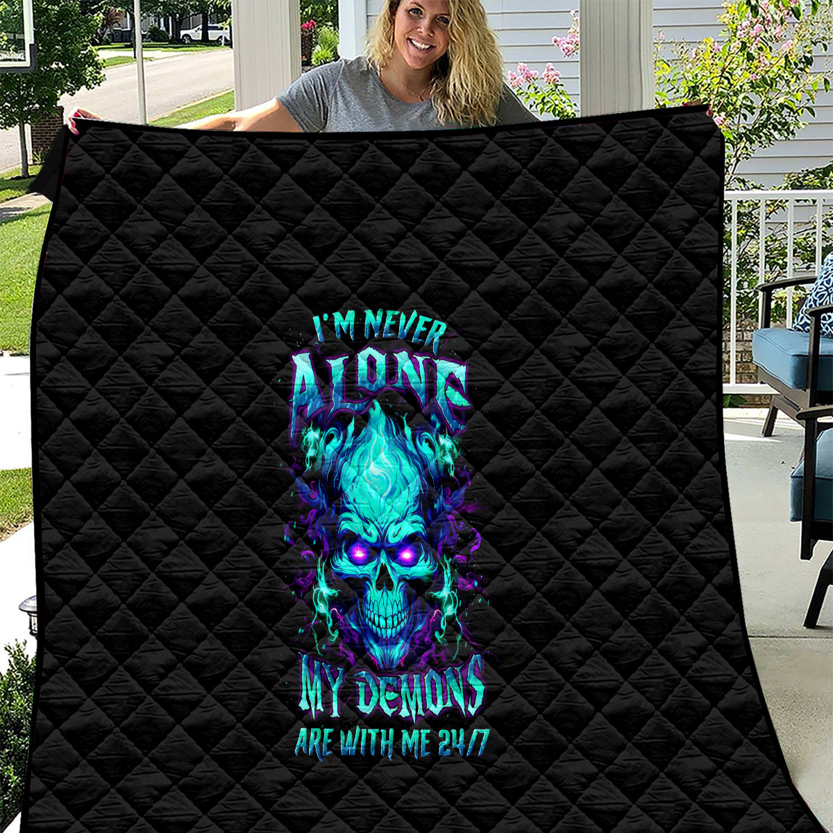 Flame Skull Quilt I'm Never Alone My Demons With Me 24/7 - Wonder Print Shop