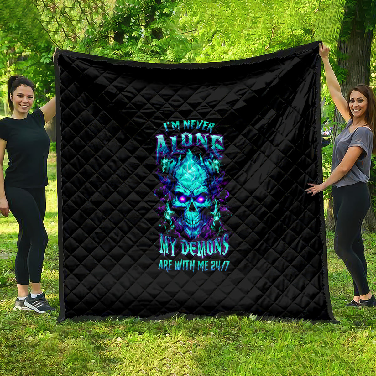 Flame Skull Quilt I'm Never Alone My Demons With Me 24/7 - Wonder Print Shop
