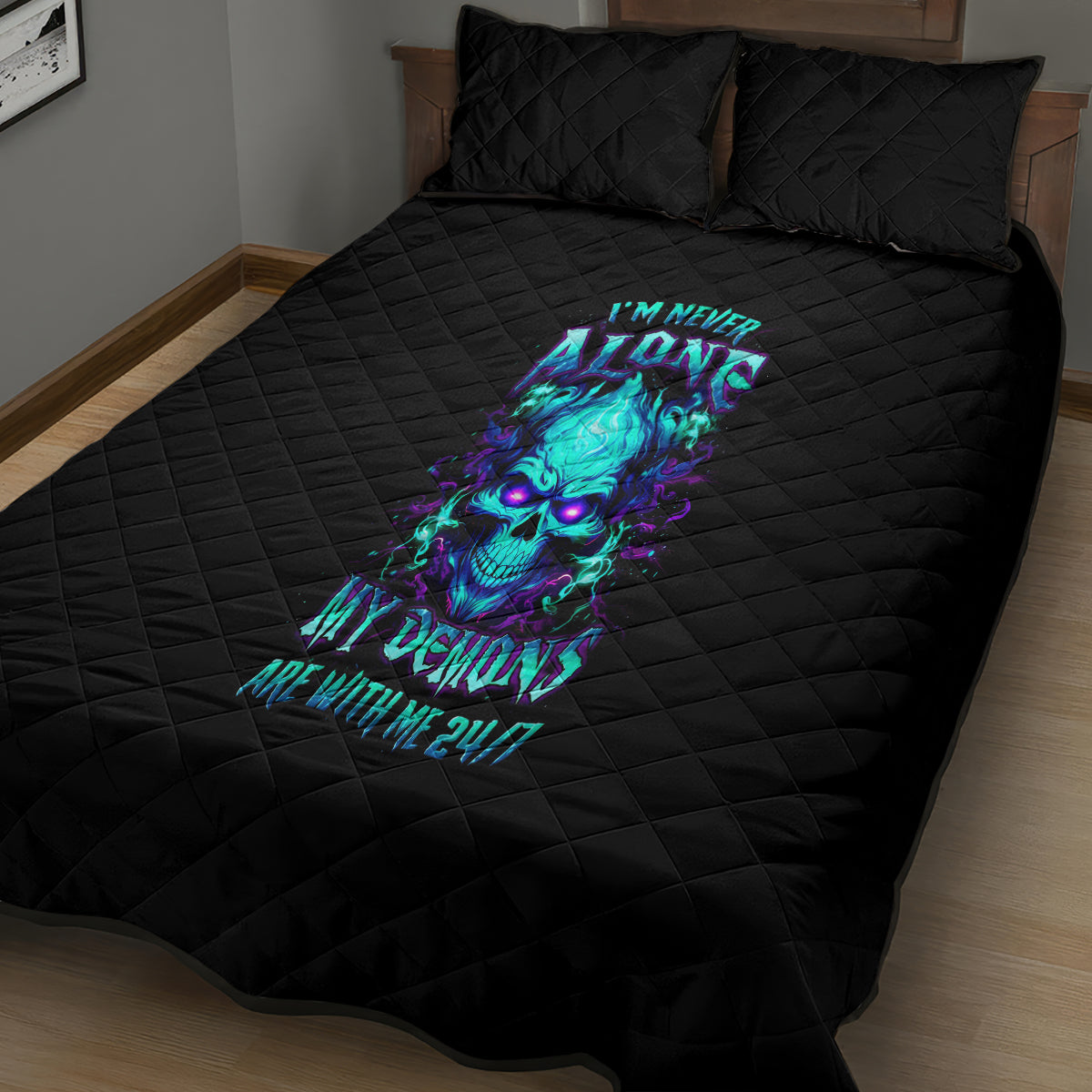 Flame Skull Quilt Bed Set I'm Never Alone My Demons With Me 24/7 - Wonder Print Shop