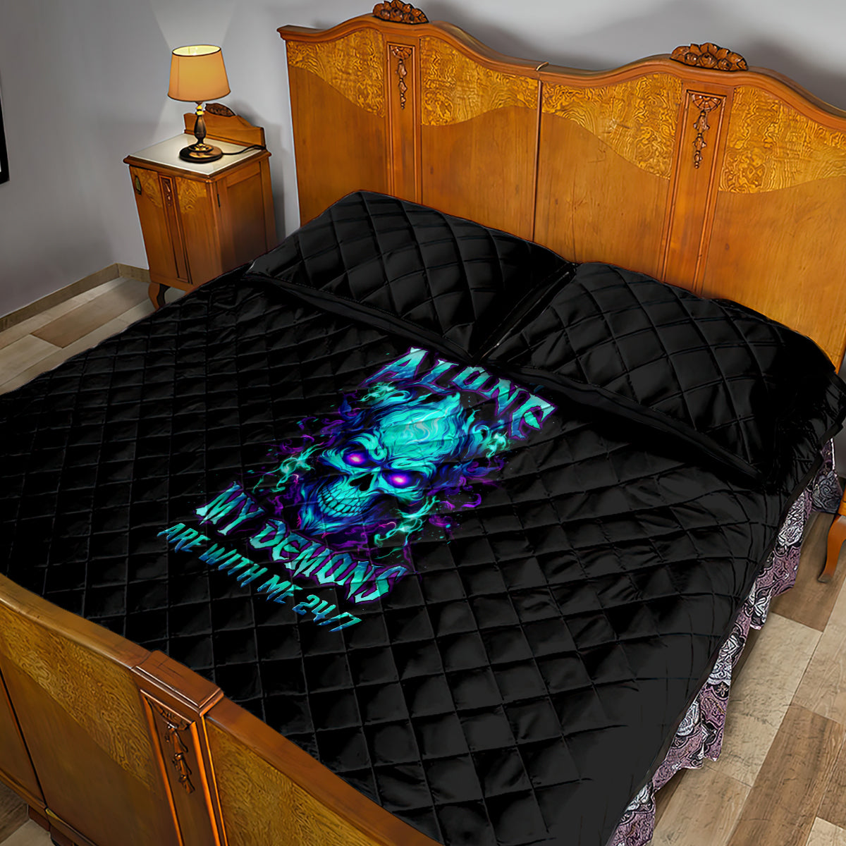 Flame Skull Quilt Bed Set I'm Never Alone My Demons With Me 24/7 - Wonder Print Shop