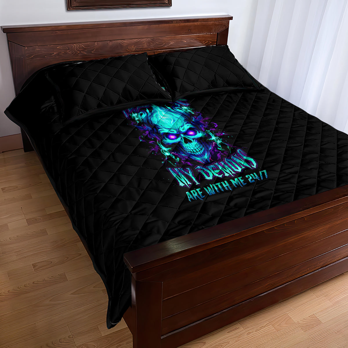 Flame Skull Quilt Bed Set I'm Never Alone My Demons With Me 24/7 - Wonder Print Shop