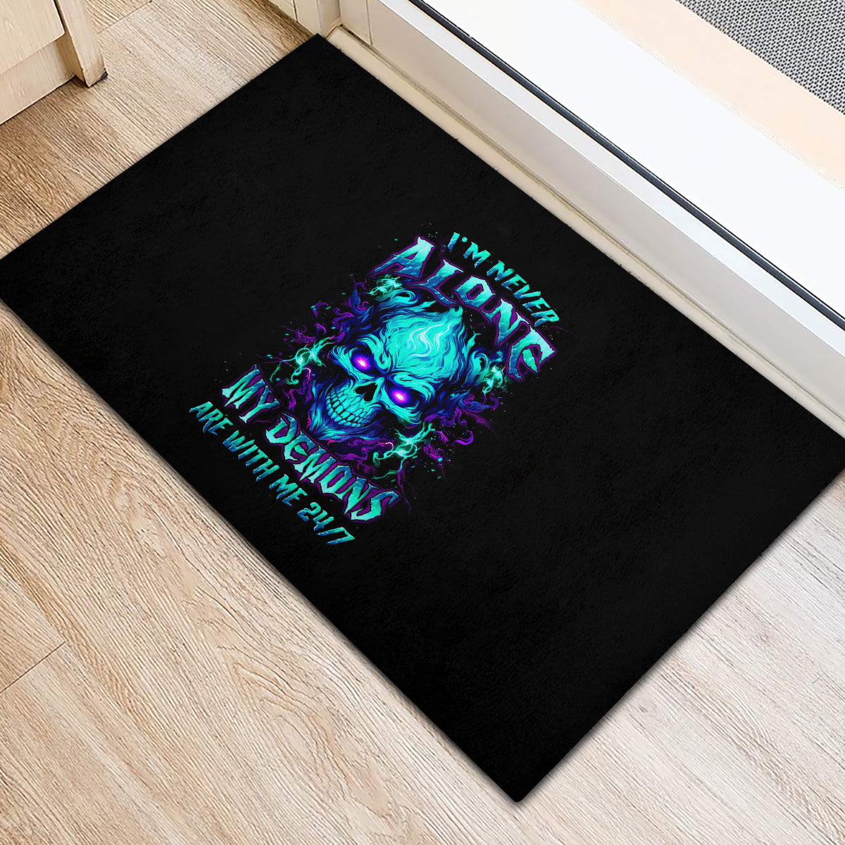 Flame Skull Rubber Doormat I'm Never Alone My Demons With Me 24/7 - Wonder Print Shop