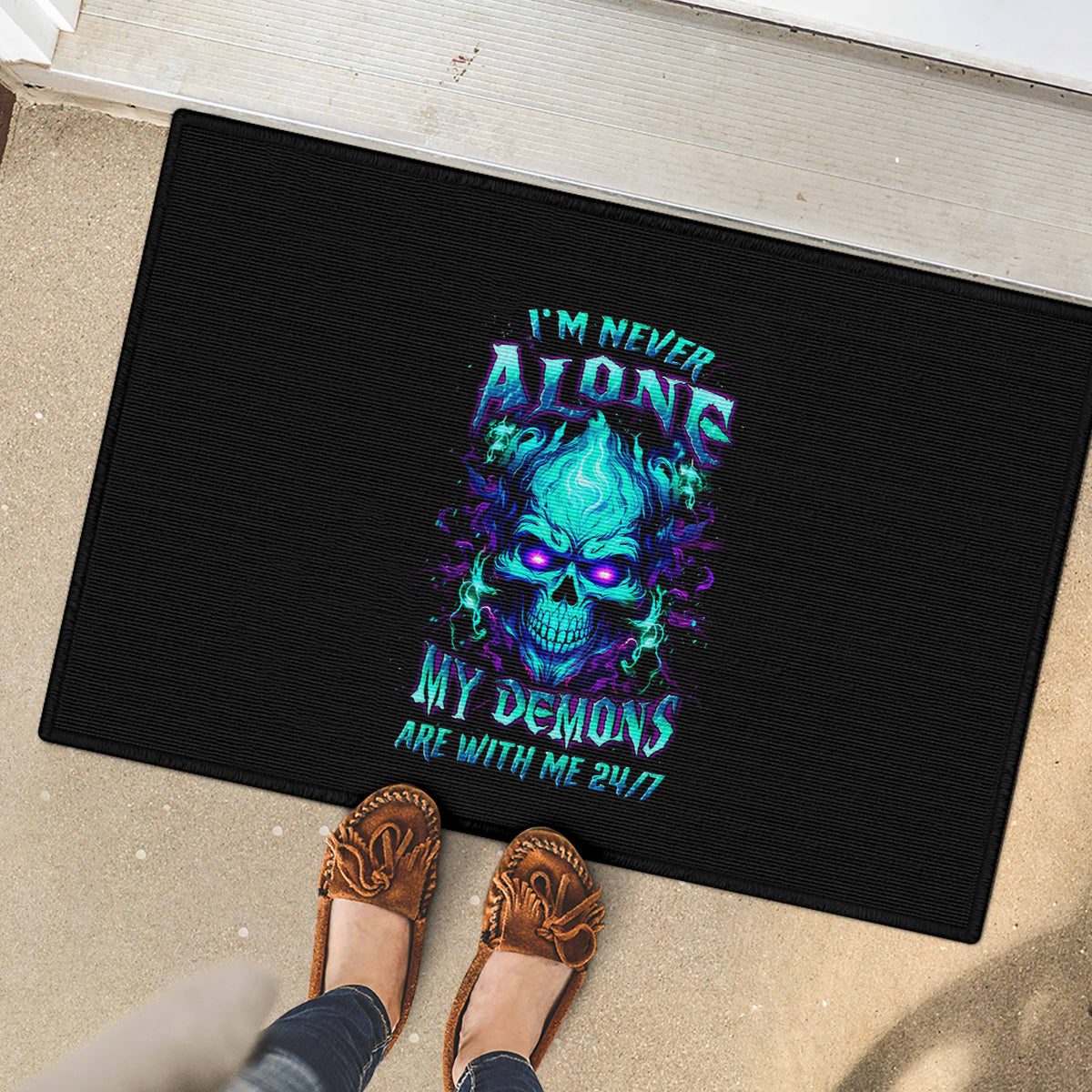 Flame Skull Rubber Doormat I'm Never Alone My Demons With Me 24/7 - Wonder Print Shop