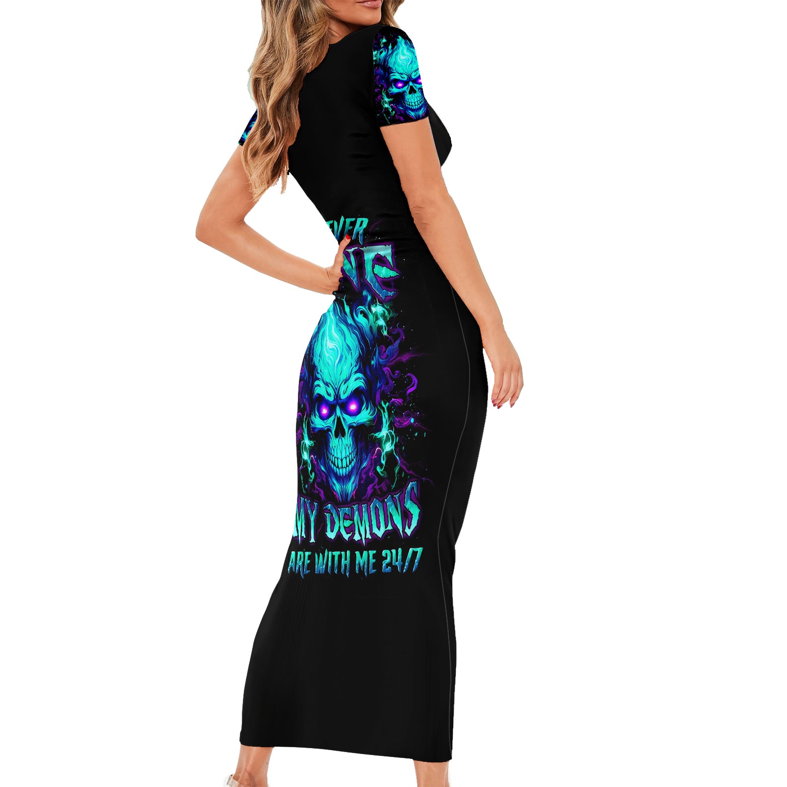 Flame Skull Short Sleeve Bodycon Dress I'm Never Alone My Demons With Me 24/7 - Wonder Print Shop