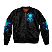 Flame Skull Sleeve Zip Bomber Jacket I'm Never Alone My Demons With Me 24/7 - Wonder Print Shop