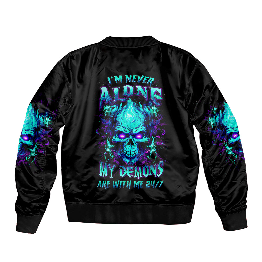 Flame Skull Sleeve Zip Bomber Jacket I'm Never Alone My Demons With Me 24/7 - Wonder Print Shop