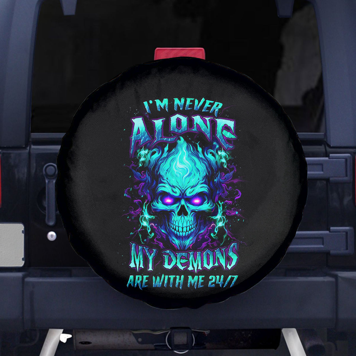 Flame Skull Spare Tire Cover I'm Never Alone My Demons With Me 24/7 - Wonder Print Shop