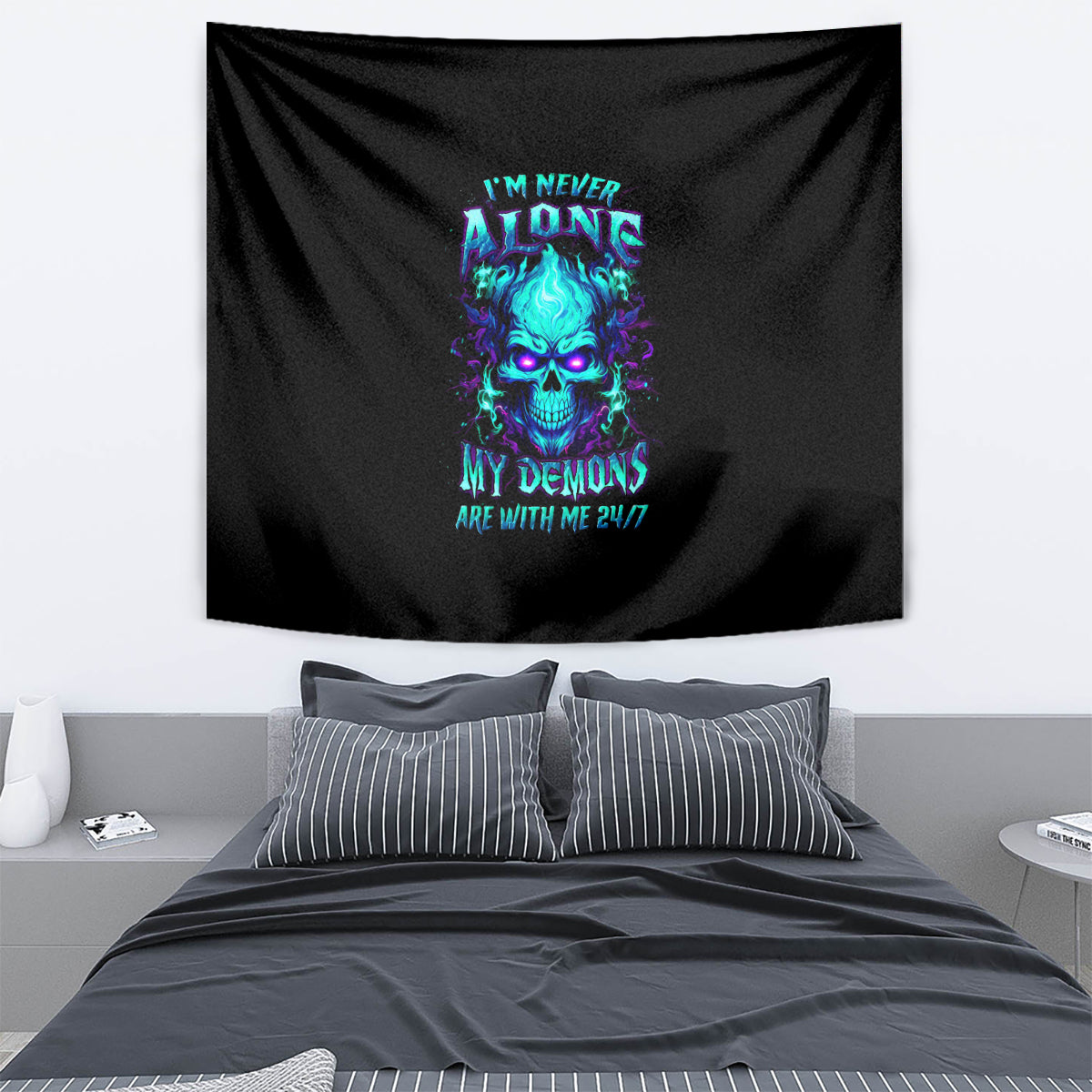 Flame Skull Tapestry I'm Never Alone My Demons With Me 24/7 - Wonder Print Shop