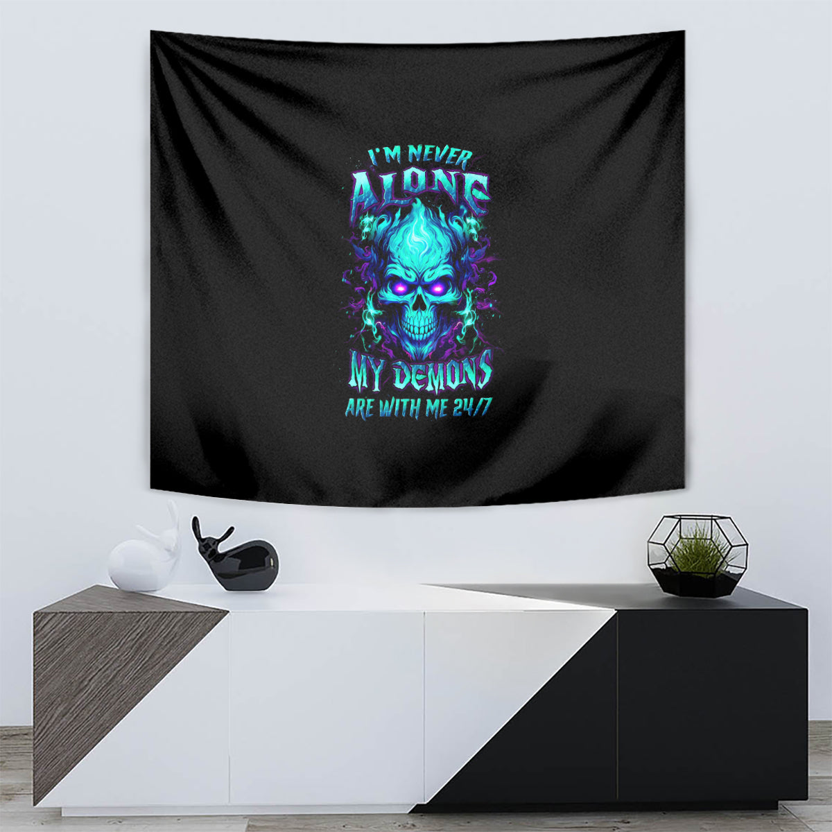 Flame Skull Tapestry I'm Never Alone My Demons With Me 24/7 - Wonder Print Shop