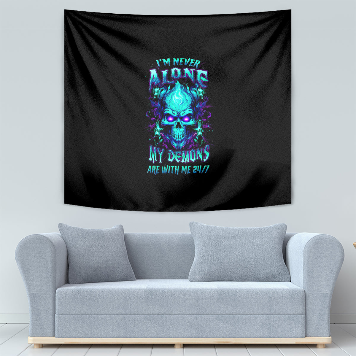 Flame Skull Tapestry I'm Never Alone My Demons With Me 24/7 - Wonder Print Shop