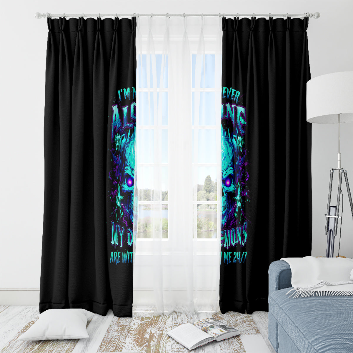 Flame Skull Window Curtain I'm Never Alone My Demons With Me 24/7 - Wonder Print Shop