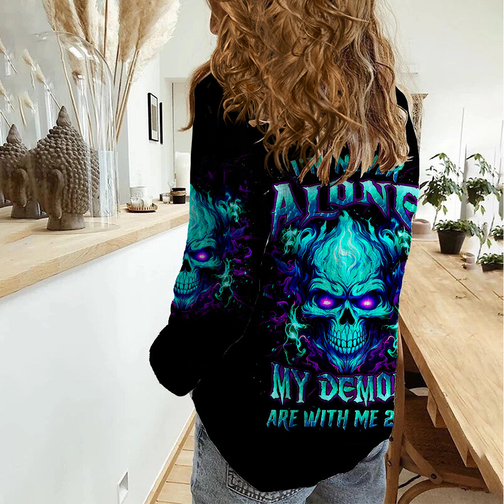 Flame Skull Women Casual Shirt I'm Never Alone My Demons With Me 24/7 - Wonder Print Shop