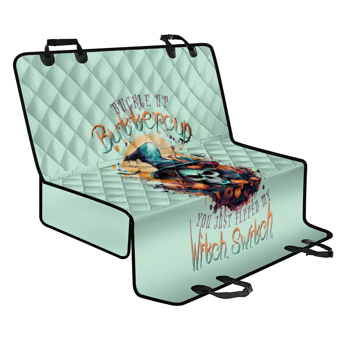 Witch Skull Back Car Seat Cover Buckle Up Buttercup You Just FLipped My Witch Switch - Wonder Print Shop