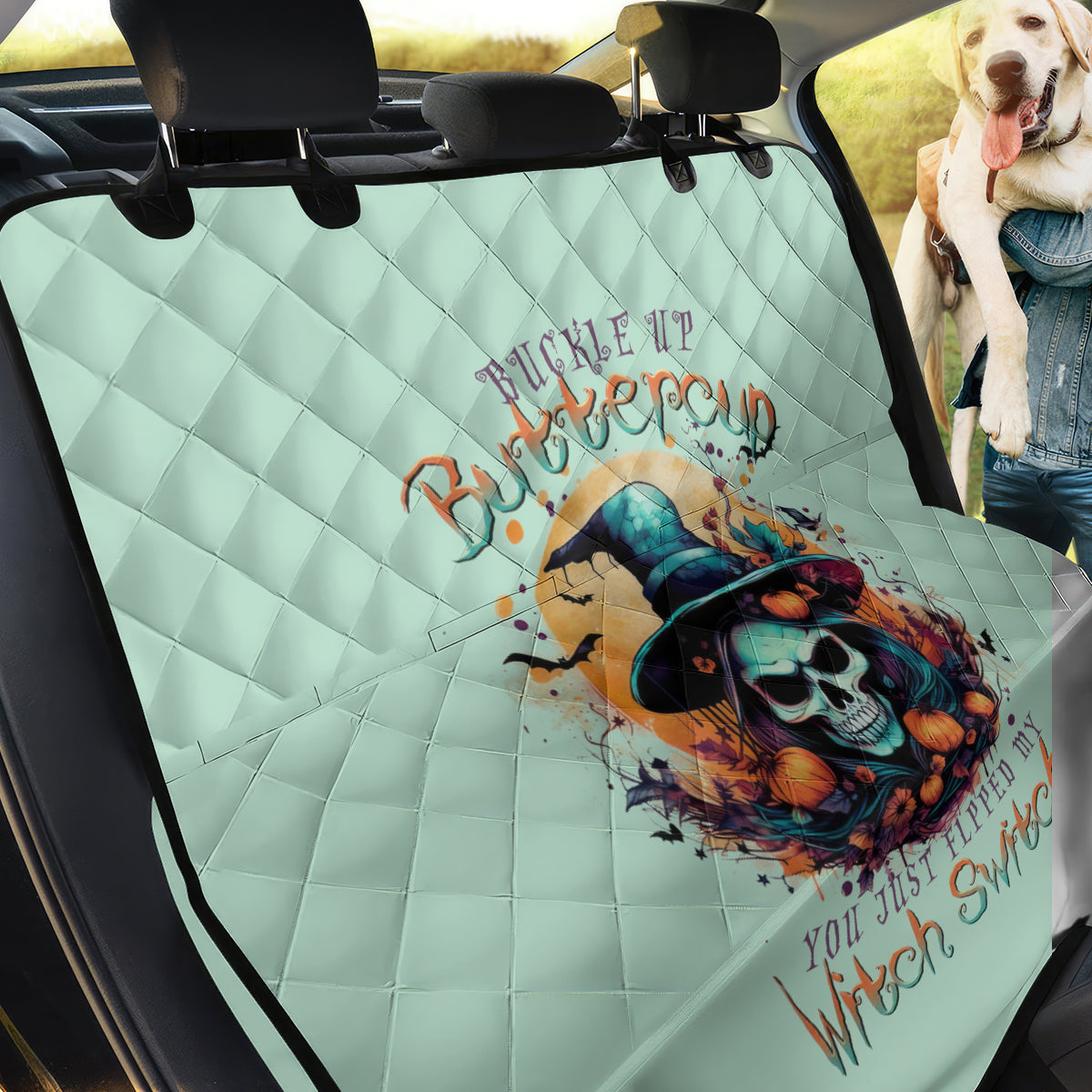 Witch Skull Back Car Seat Cover Buckle Up Buttercup You Just FLipped My Witch Switch - Wonder Print Shop