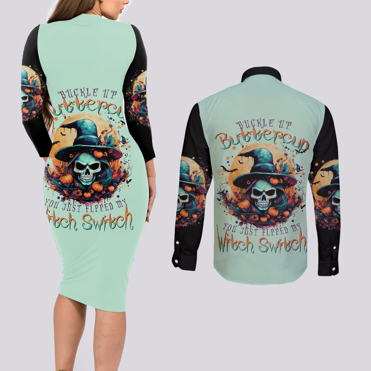 Witch Skull Couples Matching Long Sleeve Bodycon Dress and Long Sleeve Button Shirts Buckle Up Buttercup You Just FLipped My Witch Switch - Wonder Print Shop