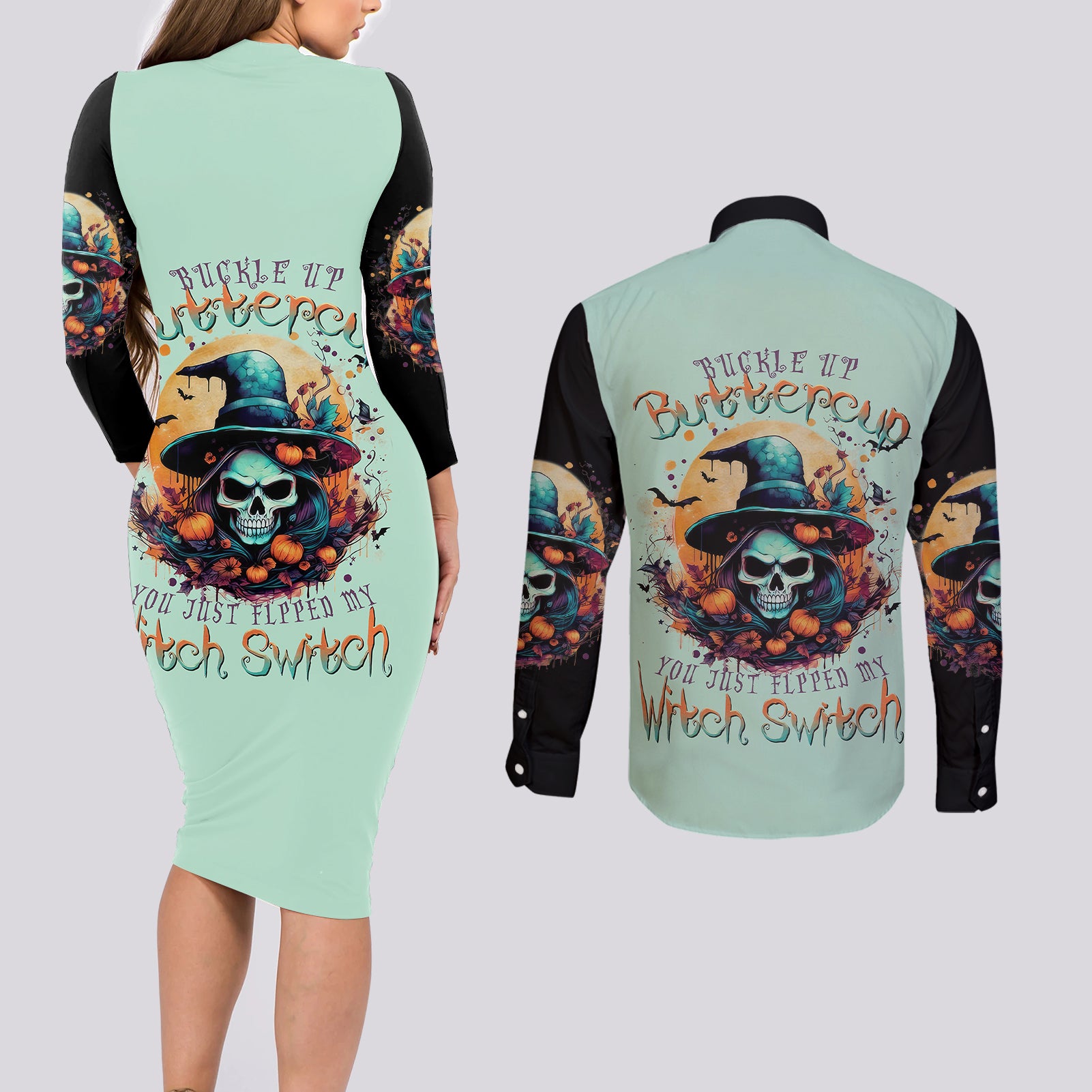 Witch Skull Couples Matching Long Sleeve Bodycon Dress and Long Sleeve Button Shirts Buckle Up Buttercup You Just FLipped My Witch Switch - Wonder Print Shop