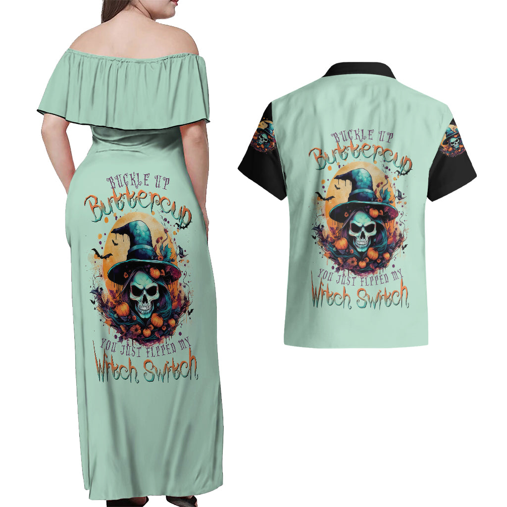 Witch Skull Couples Matching Off Shoulder Maxi Dress and Hawaiian Shirt Buckle Up Buttercup You Just FLipped My Witch Switch - Wonder Print Shop
