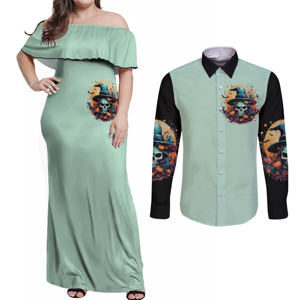 Witch Skull Couples Matching Off Shoulder Maxi Dress and Long Sleeve Button Shirts Buckle Up Buttercup You Just FLipped My Witch Switch - Wonder Print Shop