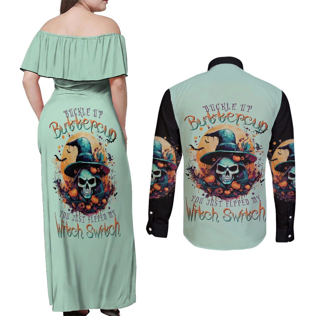 Witch Skull Couples Matching Off Shoulder Maxi Dress and Long Sleeve Button Shirts Buckle Up Buttercup You Just FLipped My Witch Switch - Wonder Print Shop