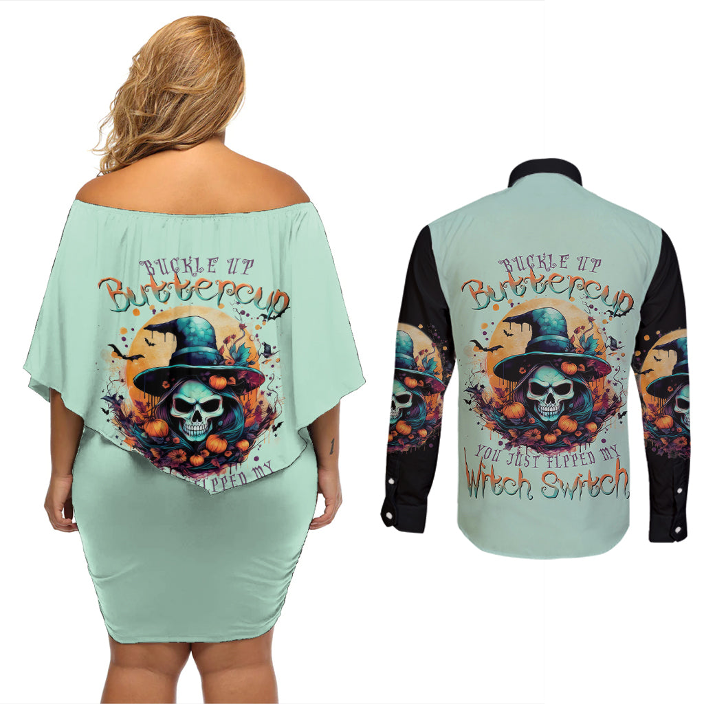 Witch Skull Couples Matching Off Shoulder Short Dress and Long Sleeve Button Shirts Buckle Up Buttercup You Just FLipped My Witch Switch - Wonder Print Shop