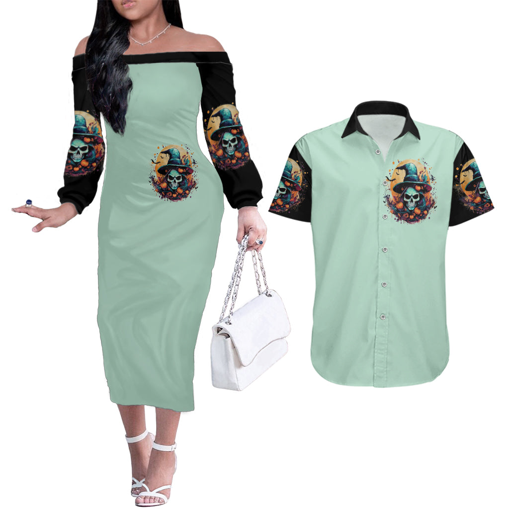 Witch Skull Couples Matching Off The Shoulder Long Sleeve Dress and Hawaiian Shirt Buckle Up Buttercup You Just FLipped My Witch Switch - Wonder Print Shop