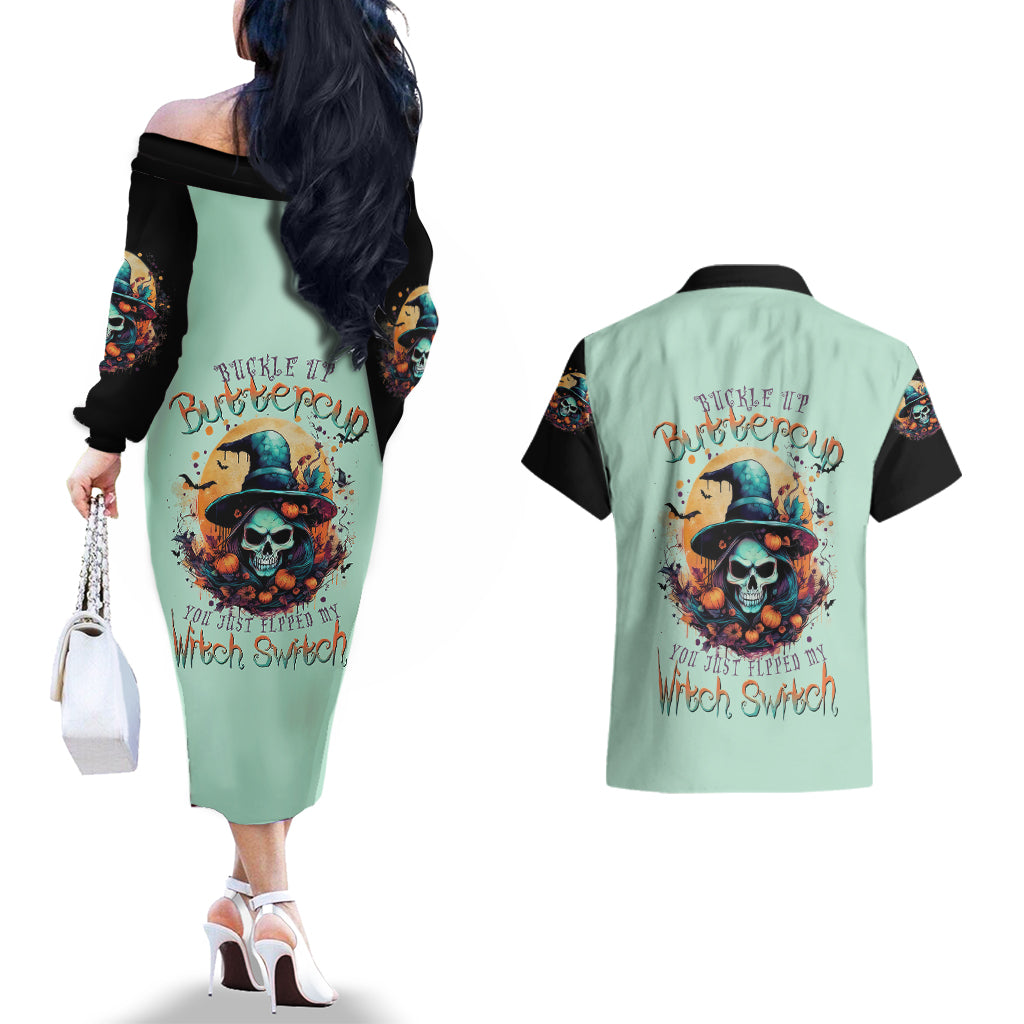 Witch Skull Couples Matching Off The Shoulder Long Sleeve Dress and Hawaiian Shirt Buckle Up Buttercup You Just FLipped My Witch Switch - Wonder Print Shop