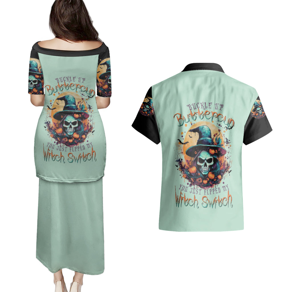 Witch Skull Couples Matching Puletasi Dress and Hawaiian Shirt Buckle Up Buttercup You Just FLipped My Witch Switch - Wonder Print Shop