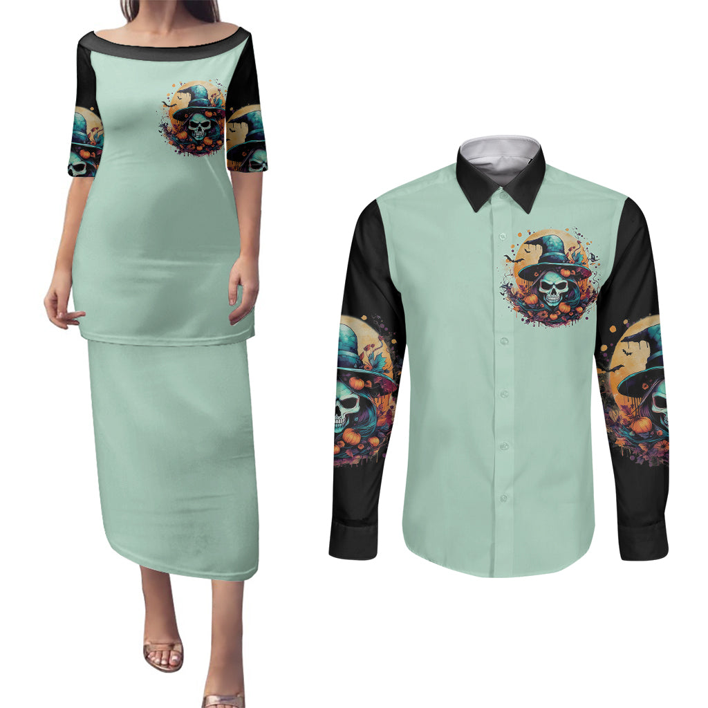 Witch Skull Couples Matching Puletasi Dress and Long Sleeve Button Shirts Buckle Up Buttercup You Just FLipped My Witch Switch - Wonder Print Shop