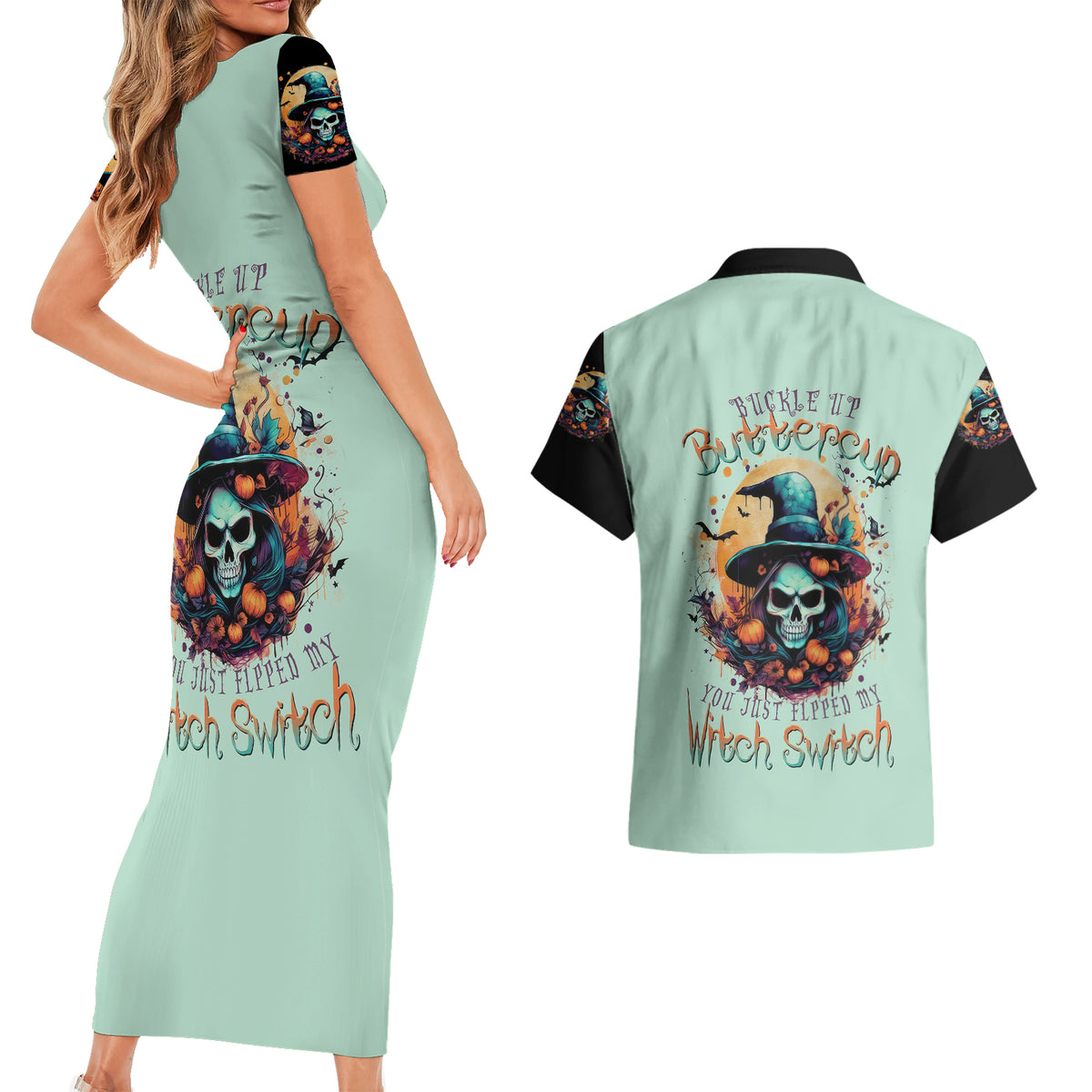 Witch Skull Couples Matching Short Sleeve Bodycon Dress and Hawaiian Shirt Buckle Up Buttercup You Just FLipped My Witch Switch - Wonder Print Shop