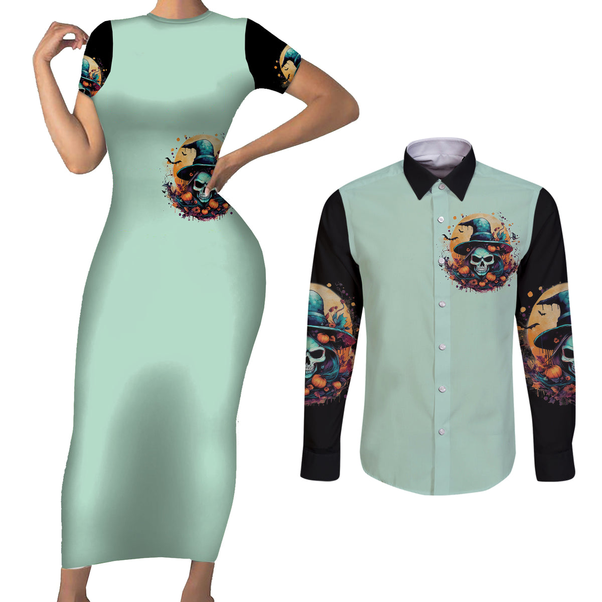 Witch Skull Couples Matching Short Sleeve Bodycon Dress and Long Sleeve Button Shirts Buckle Up Buttercup You Just FLipped My Witch Switch - Wonder Print Shop