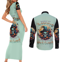 Witch Skull Couples Matching Short Sleeve Bodycon Dress and Long Sleeve Button Shirts Buckle Up Buttercup You Just FLipped My Witch Switch - Wonder Print Shop