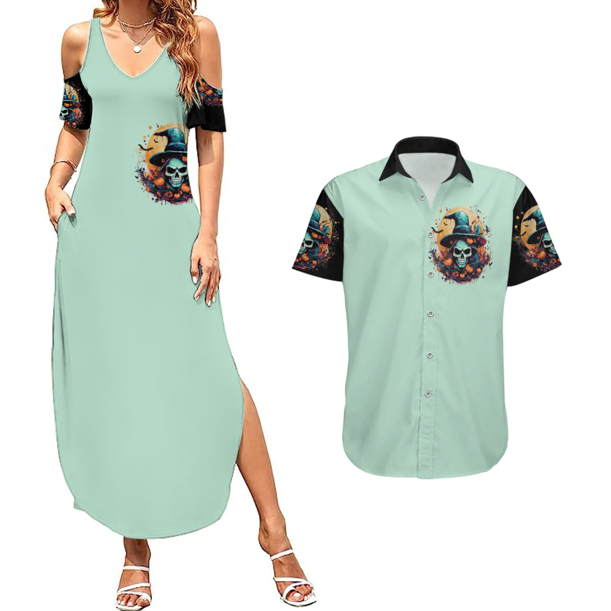Witch Skull Couples Matching Summer Maxi Dress and Hawaiian Shirt Buckle Up Buttercup You Just FLipped My Witch Switch - Wonder Print Shop
