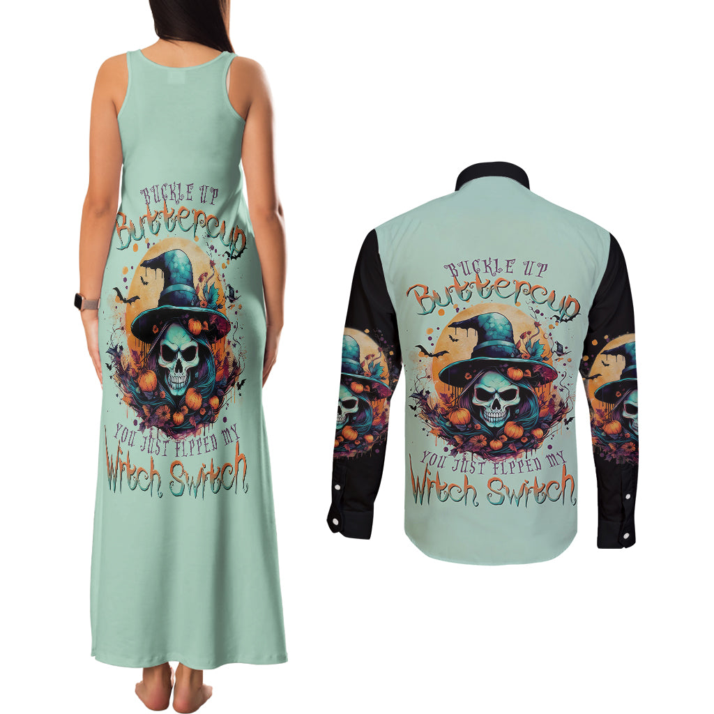 Witch Skull Couples Matching Tank Maxi Dress and Long Sleeve Button Shirts Buckle Up Buttercup You Just FLipped My Witch Switch - Wonder Print Shop