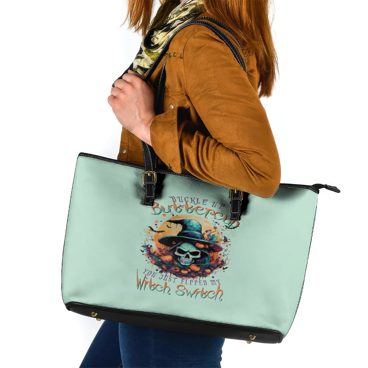 Witch Skull Leather Tote Bag Buckle Up Buttercup You Just FLipped My Witch Switch - Wonder Print Shop