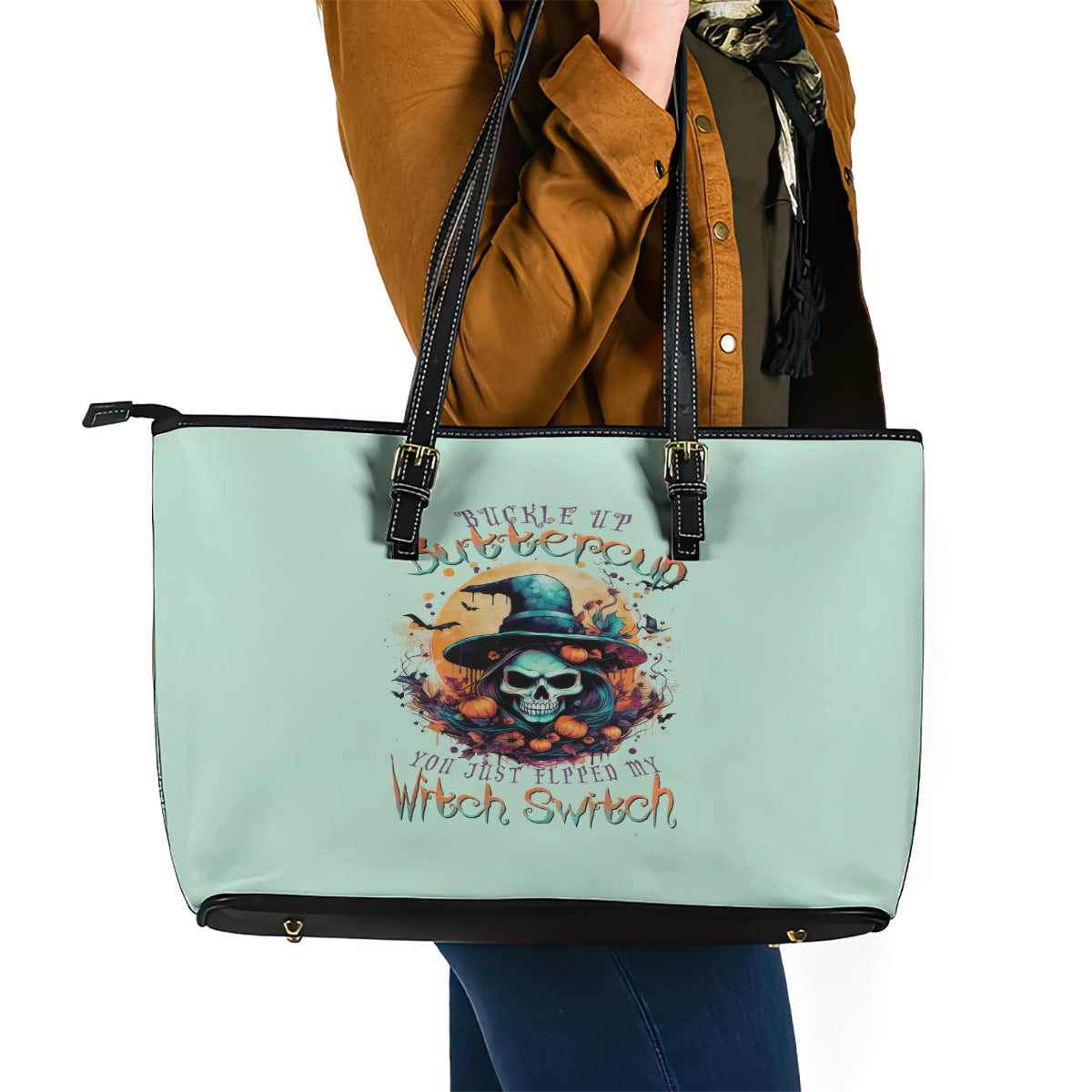 Witch Skull Leather Tote Bag Buckle Up Buttercup You Just FLipped My Witch Switch - Wonder Print Shop