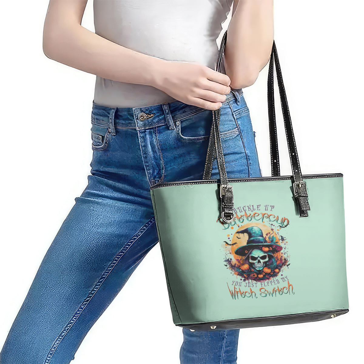 Witch Skull Leather Tote Bag Buckle Up Buttercup You Just FLipped My Witch Switch - Wonder Print Shop
